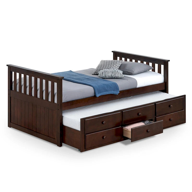 Letto capitano singolo con letto estraibile e 3 cassetti, legno massello, testiera Mission, bianco noce scuro blu notte