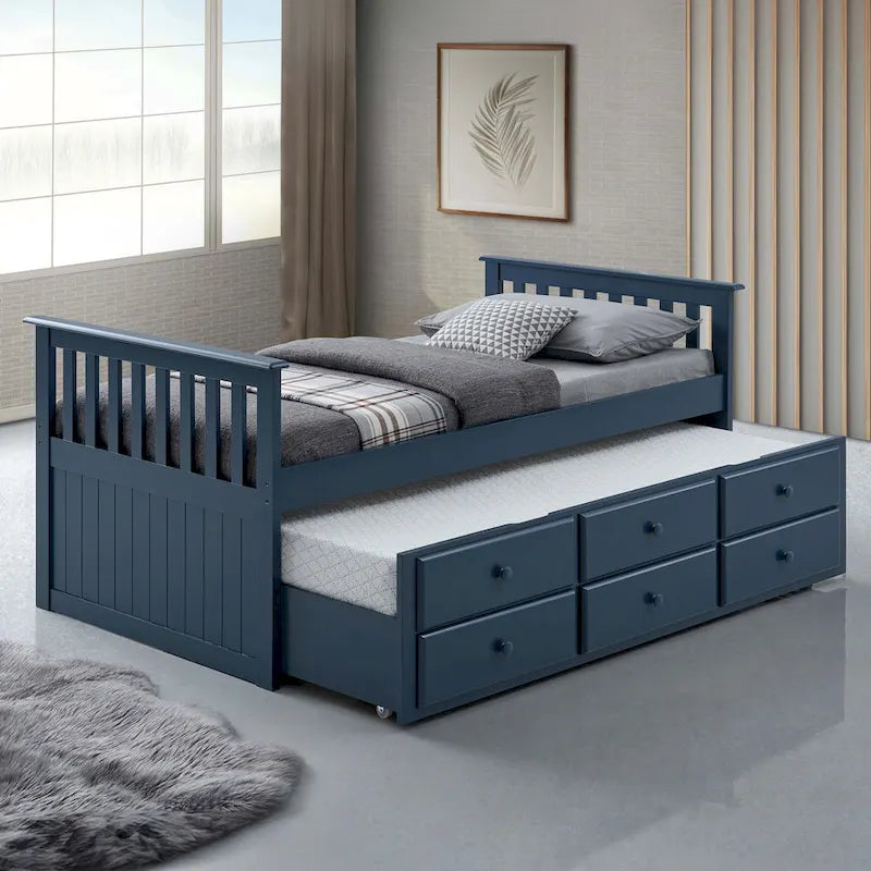 Letto capitano singolo con letto estraibile e 3 cassetti, legno massello, testiera Mission, bianco noce scuro blu notte