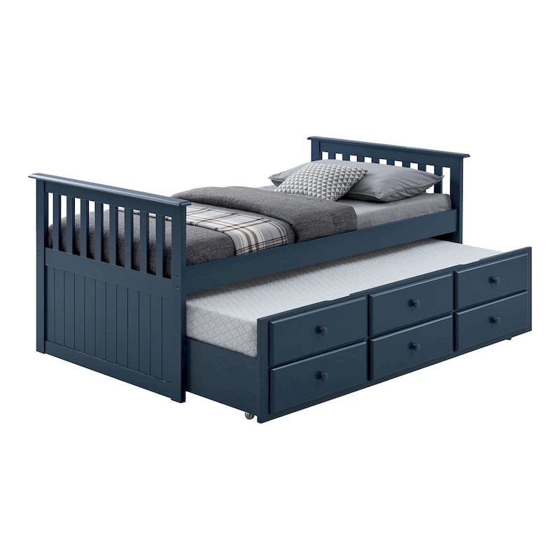 Letto capitano singolo con letto estraibile e 3 cassetti, legno massello, testiera Mission, bianco noce scuro blu notte