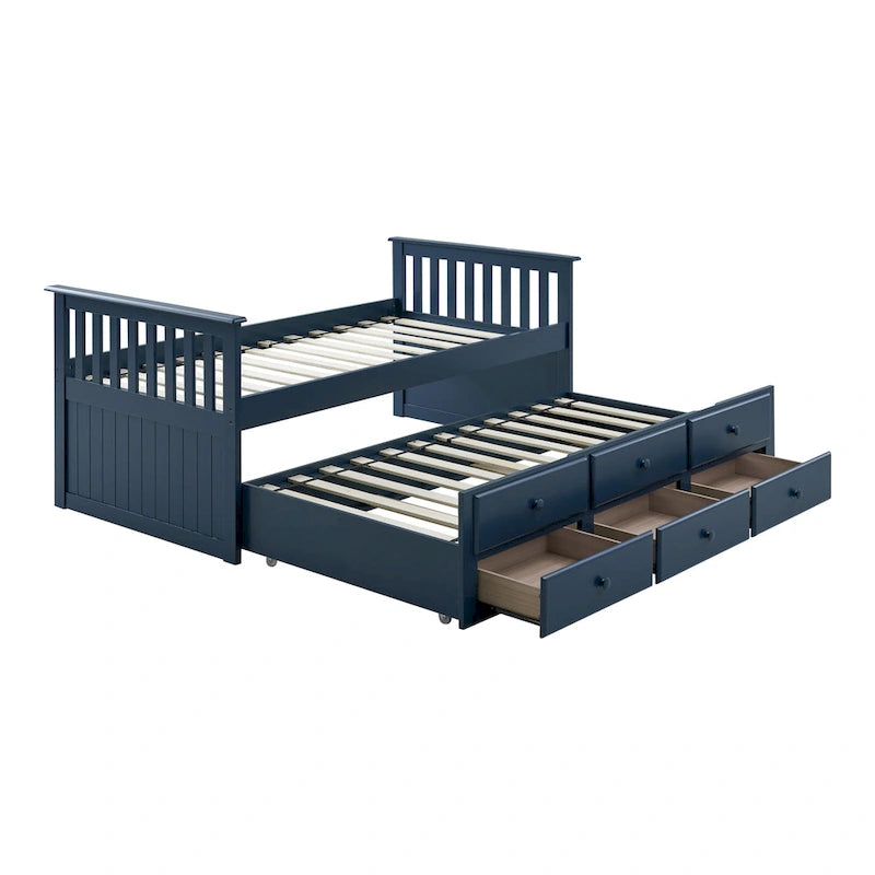 Letto capitano singolo con letto estraibile e 3 cassetti, legno massello, testiera Mission, bianco noce scuro blu notte