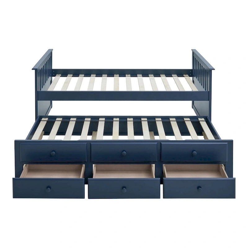 Letto capitano singolo con letto estraibile e 3 cassetti, legno massello, testiera Mission, bianco noce scuro blu notte