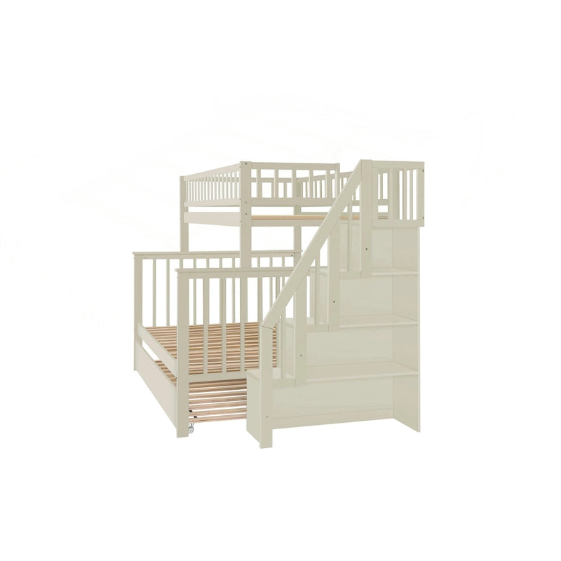 Litera Twin sobre Full con escalera de almacenamiento, estantes abiertos, cama nido y diseño convertible, crema gris