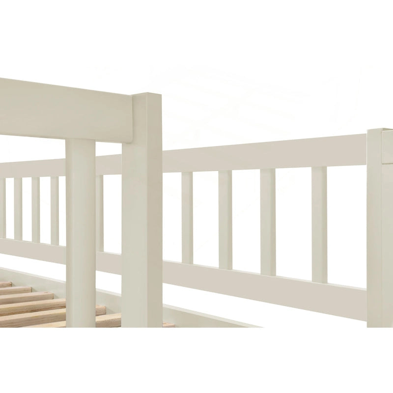 Twin over Full Bunk Bed with Storage Staircase, Open Shelves, Trundle and Convertible Design, Cream Grey