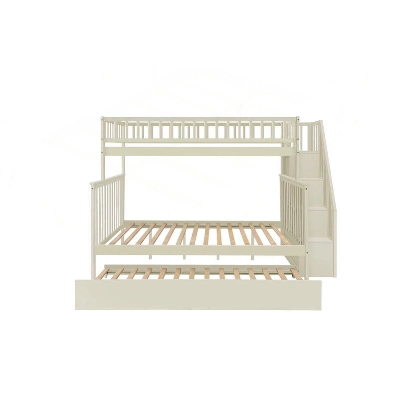 Litera Twin sobre Full con escalera de almacenamiento, estantes abiertos, cama nido y diseño convertible, crema gris