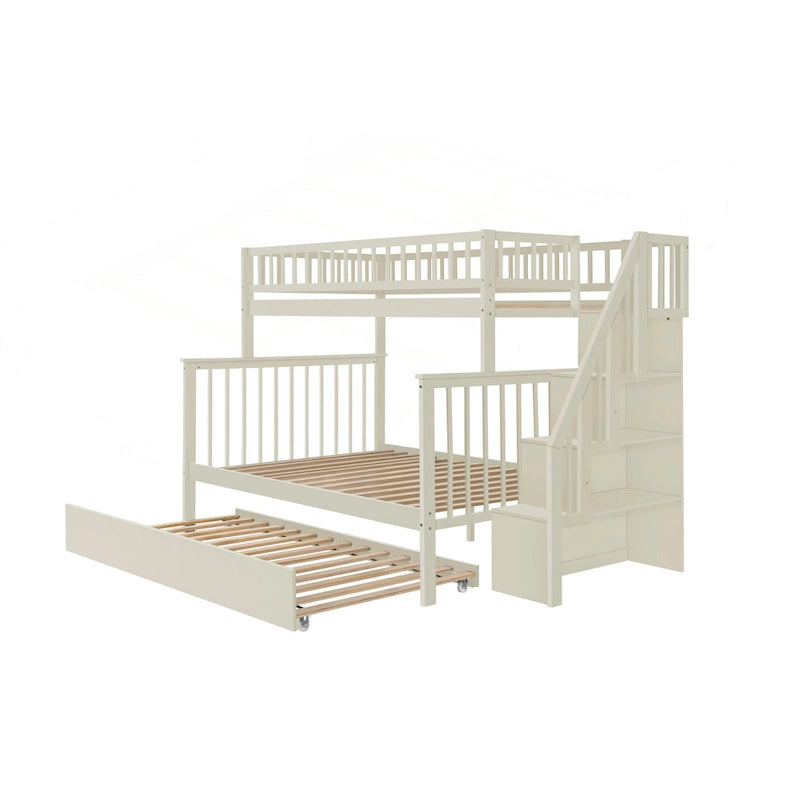Litera Twin sobre Full con escalera de almacenamiento, estantes abiertos, cama nido y diseño convertible, crema gris