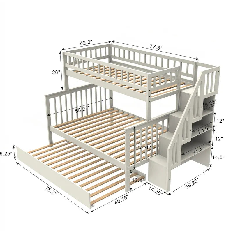 Litera Twin sobre Full con escalera de almacenamiento, estantes abiertos, cama nido y diseño convertible, crema gris