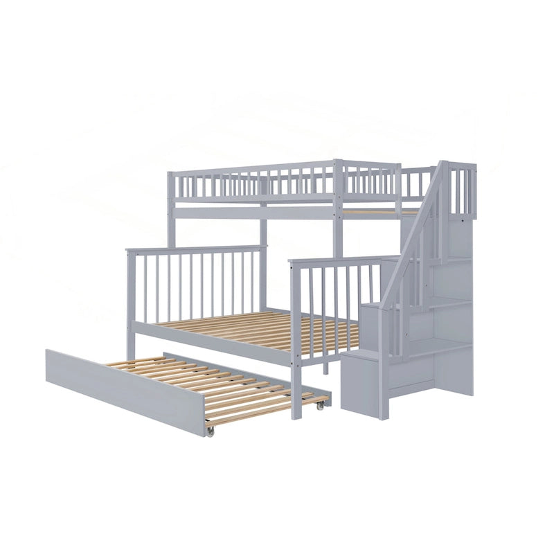 Litera Twin sobre Full con escalera de almacenamiento, estantes abiertos, cama nido y diseño convertible, crema gris