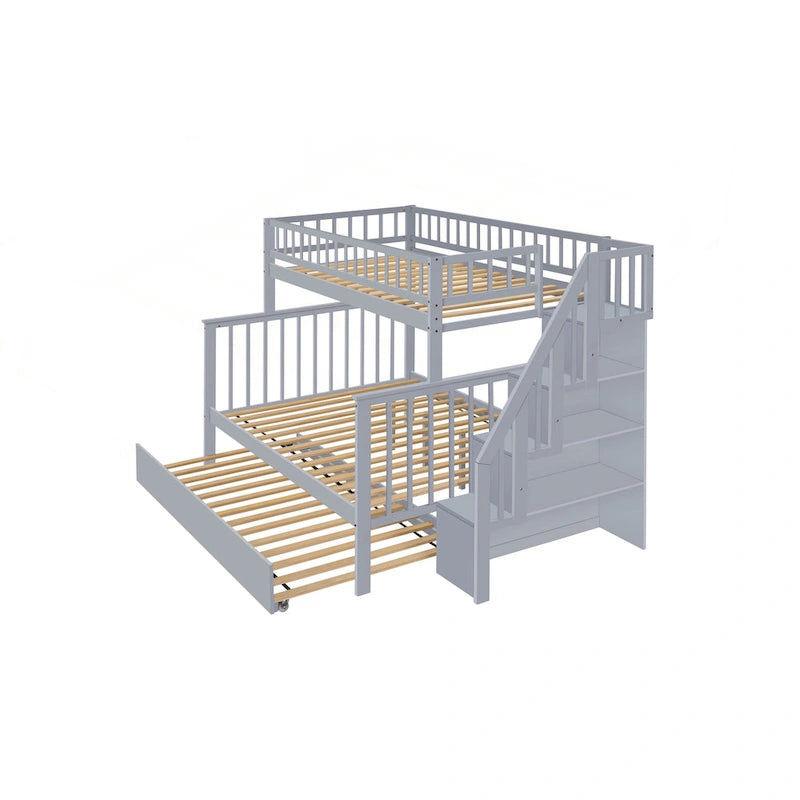 Litera Twin sobre Full con escalera de almacenamiento, estantes abiertos, cama nido y diseño convertible, crema gris