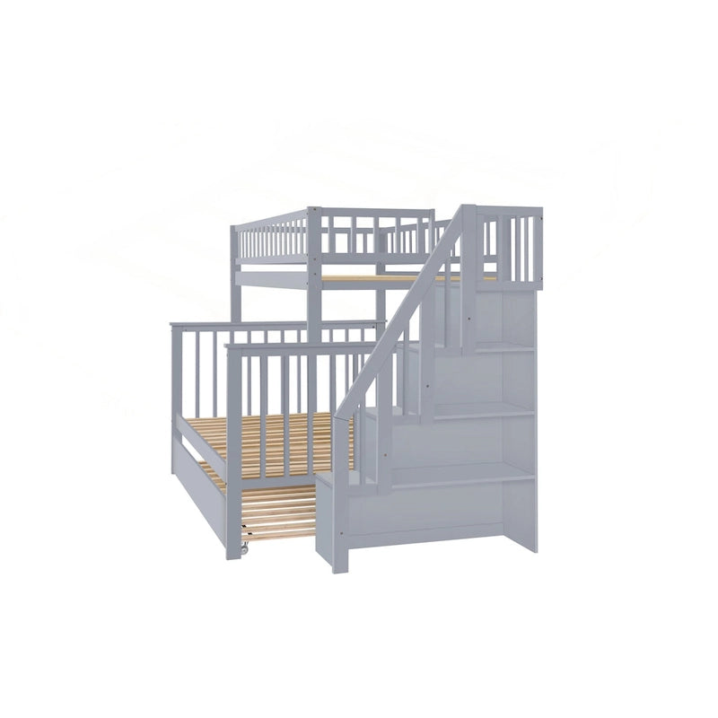 Litera Twin sobre Full con escalera de almacenamiento, estantes abiertos, cama nido y diseño convertible, crema gris