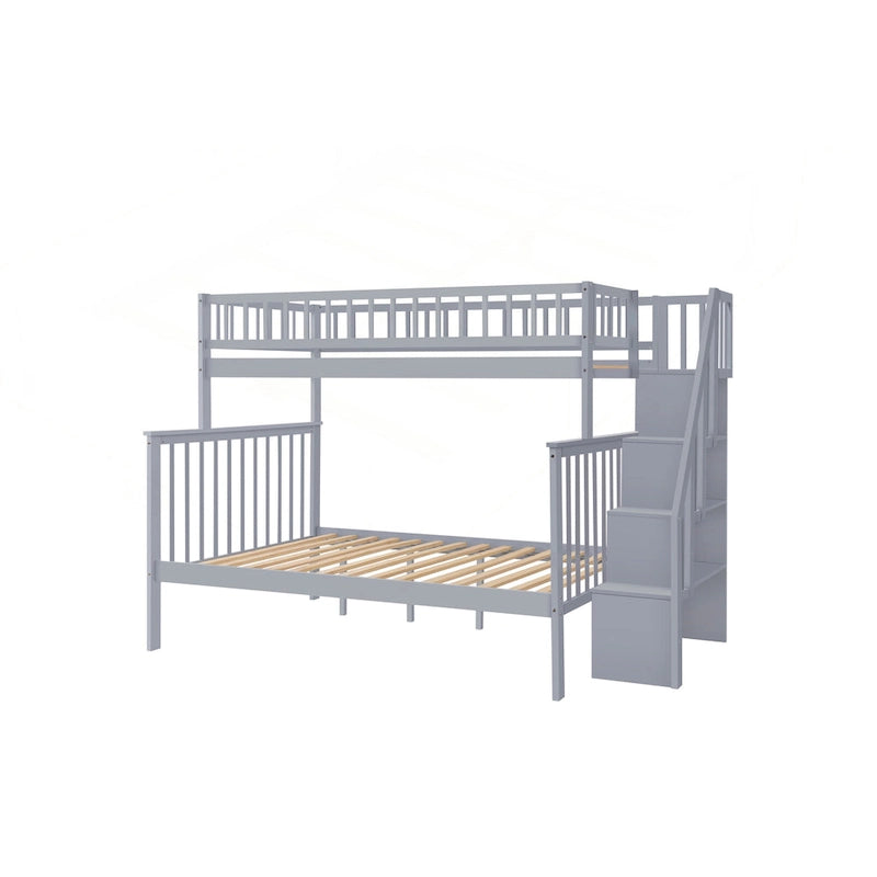 Litera Twin sobre Full con escalera de almacenamiento, estantes abiertos, cama nido y diseño convertible, crema gris