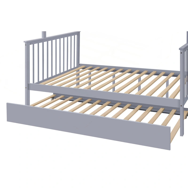 Litera Twin sobre Full con escalera de almacenamiento, estantes abiertos, cama nido y diseño convertible, crema gris