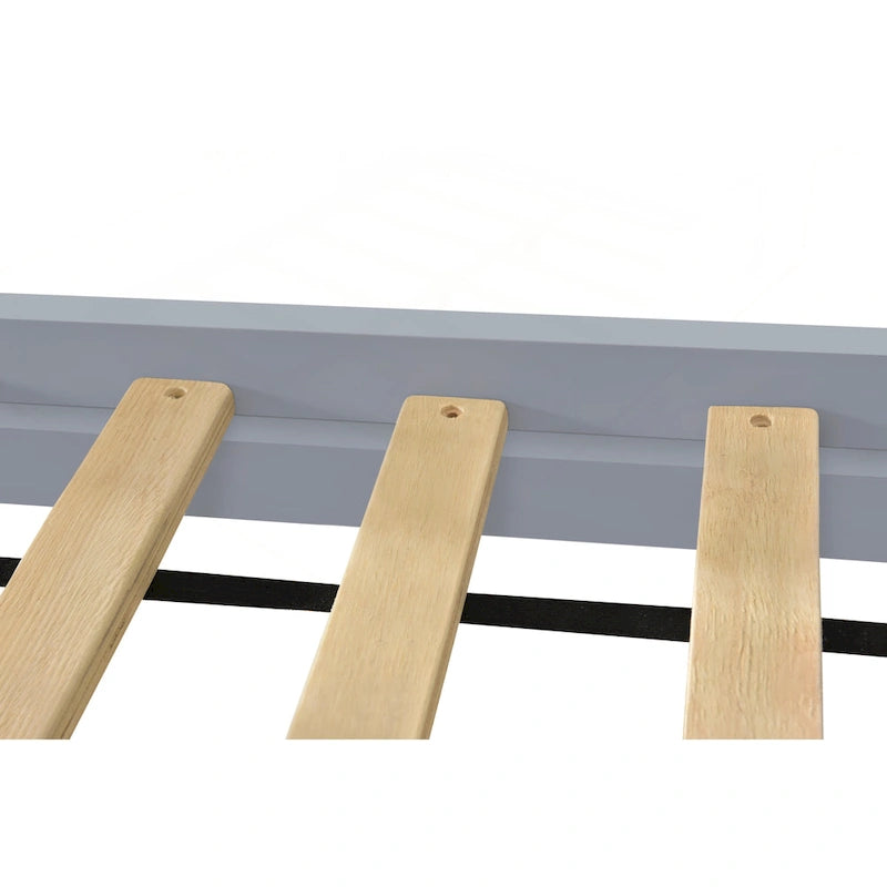 Litera Twin sobre Full con escalera de almacenamiento, estantes abiertos, cama nido y diseño convertible, crema gris