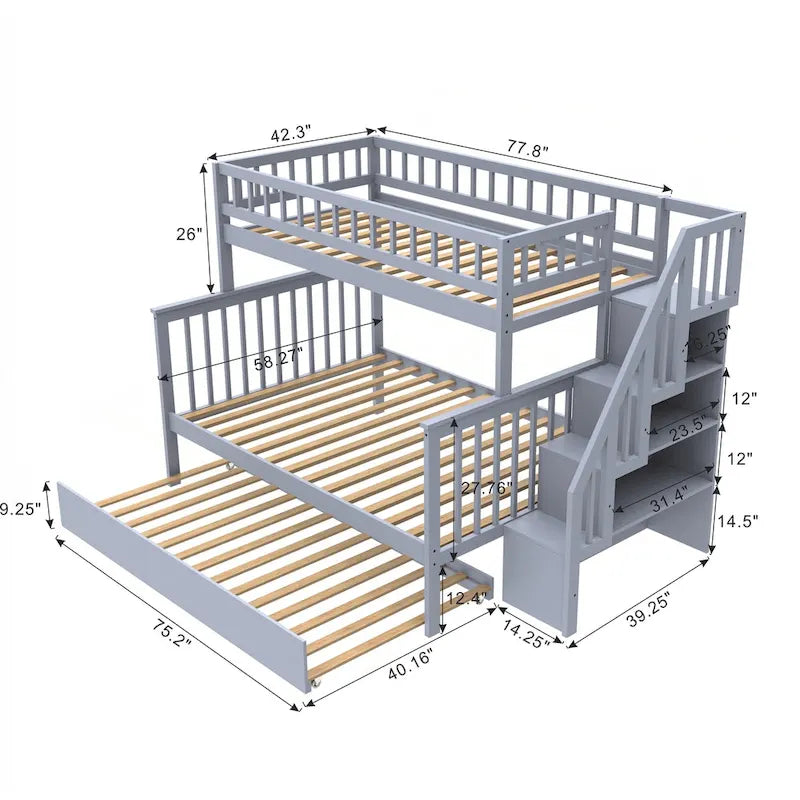 Litera Twin sobre Full con escalera de almacenamiento, estantes abiertos, cama nido y diseño convertible, crema gris