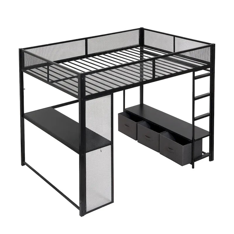 Cama alta metálica de tamaño Full con escritorio, luces LED de 16 colores y 3 cajones de almacenamiento, blanca negra