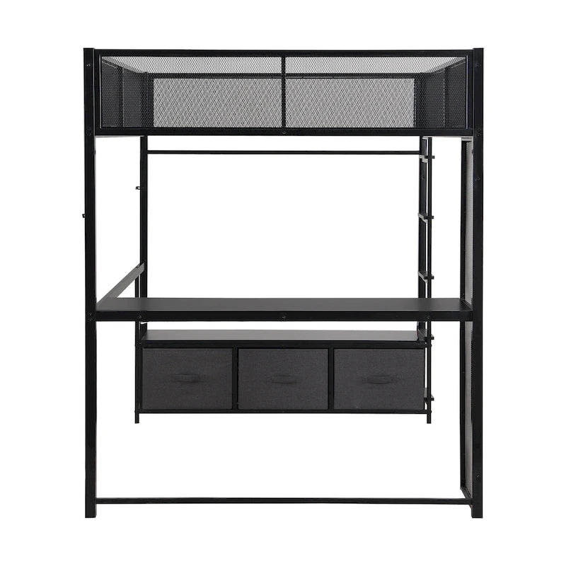 Cama alta metálica de tamaño Full con escritorio, luces LED de 16 colores y 3 cajones de almacenamiento, blanca negra