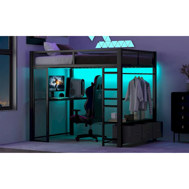Cama alta metálica de tamaño Full con escritorio, luces LED de 16 colores y 3 cajones de almacenamiento, blanca negra