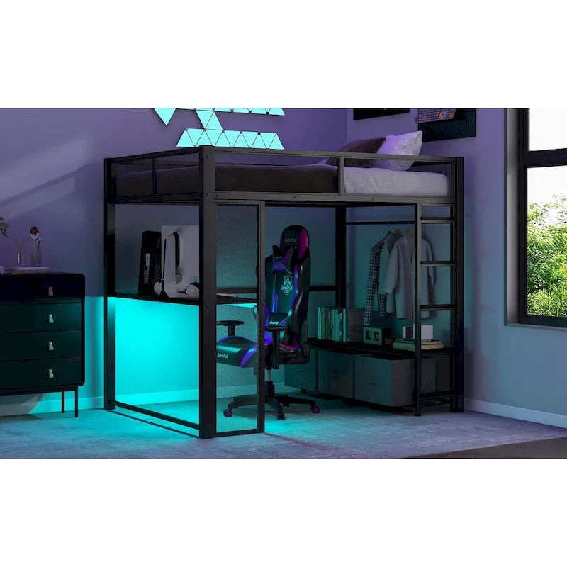Cama alta metálica de tamaño Full con escritorio, luces LED de 16 colores y 3 cajones de almacenamiento, blanca negra