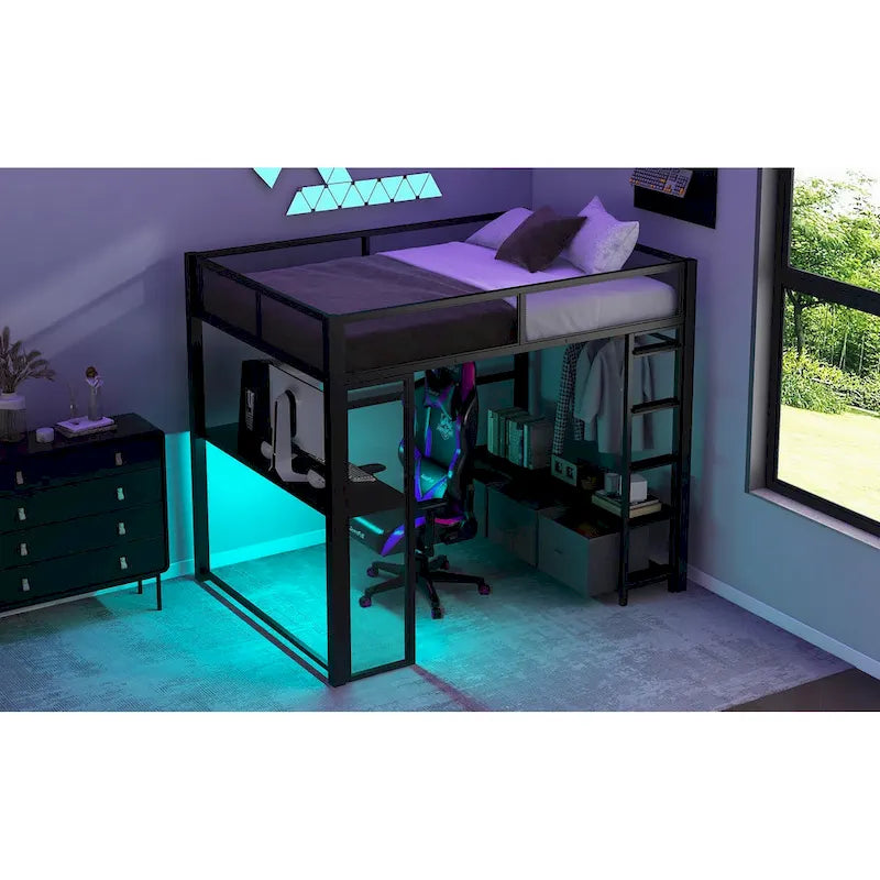 Cama alta metálica de tamaño Full con escritorio, luces LED de 16 colores y 3 cajones de almacenamiento, blanca negra