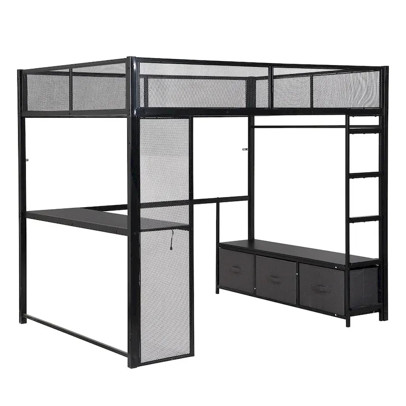 Cama alta metálica de tamaño Full con escritorio, luces LED de 16 colores y 3 cajones de almacenamiento, blanca negra