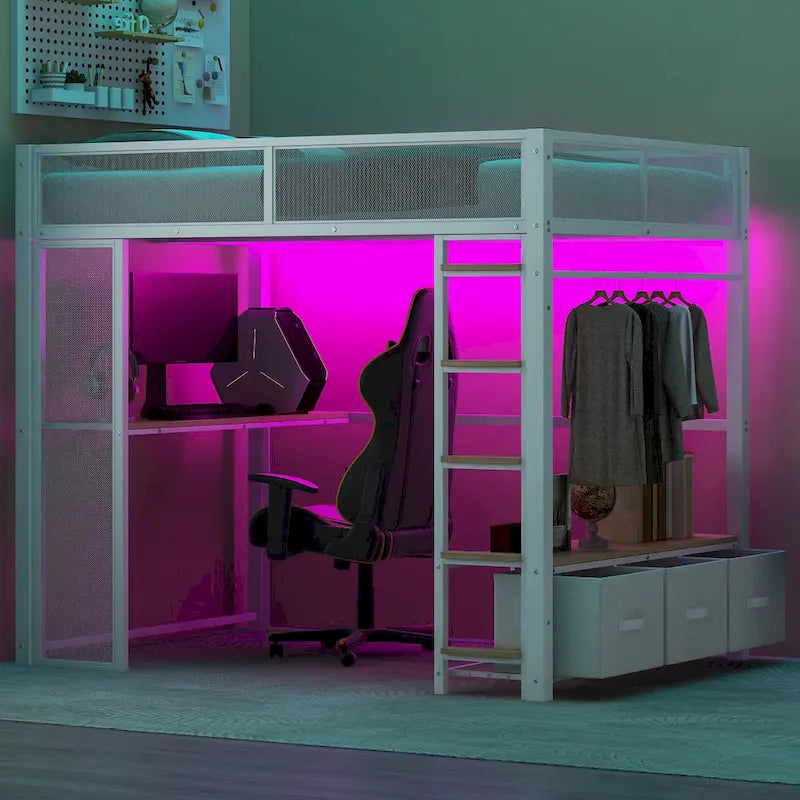 Cama alta metálica de tamaño Full con escritorio, luces LED de 16 colores y 3 cajones de almacenamiento, blanca negra