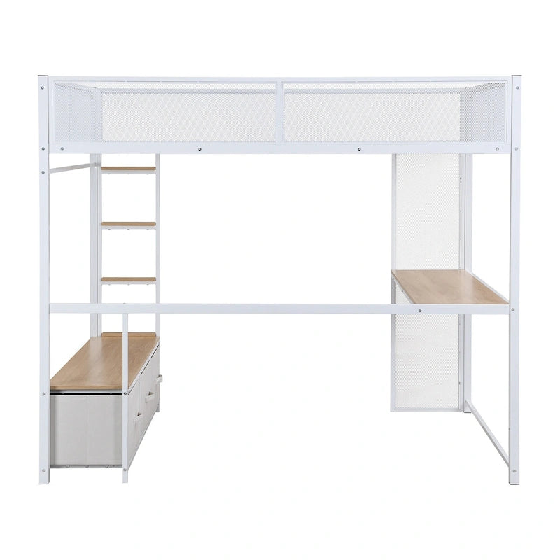 Cama alta metálica de tamaño Full con escritorio, luces LED de 16 colores y 3 cajones de almacenamiento, blanca negra