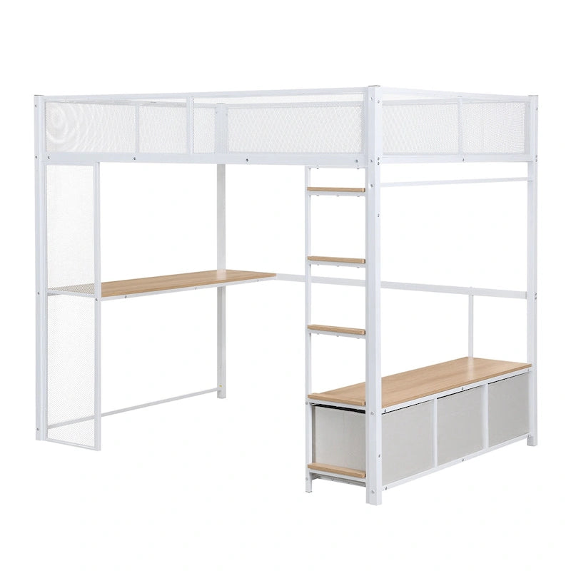 Cama alta metálica de tamaño Full con escritorio, luces LED de 16 colores y 3 cajones de almacenamiento, blanca negra