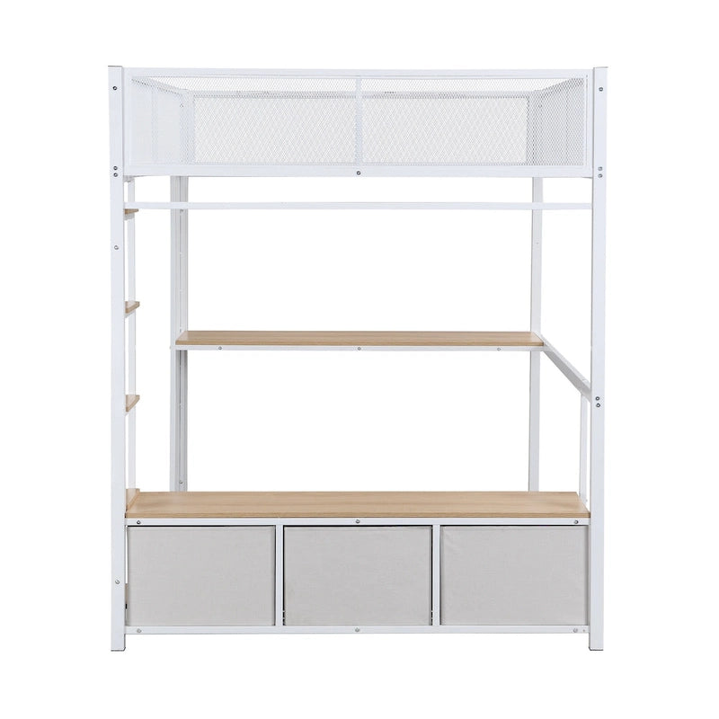 Cama alta metálica de tamaño Full con escritorio, luces LED de 16 colores y 3 cajones de almacenamiento, blanca negra