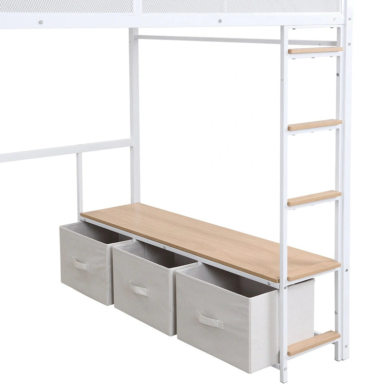 Cama alta metálica de tamaño Full con escritorio, luces LED de 16 colores y 3 cajones de almacenamiento, blanca negra