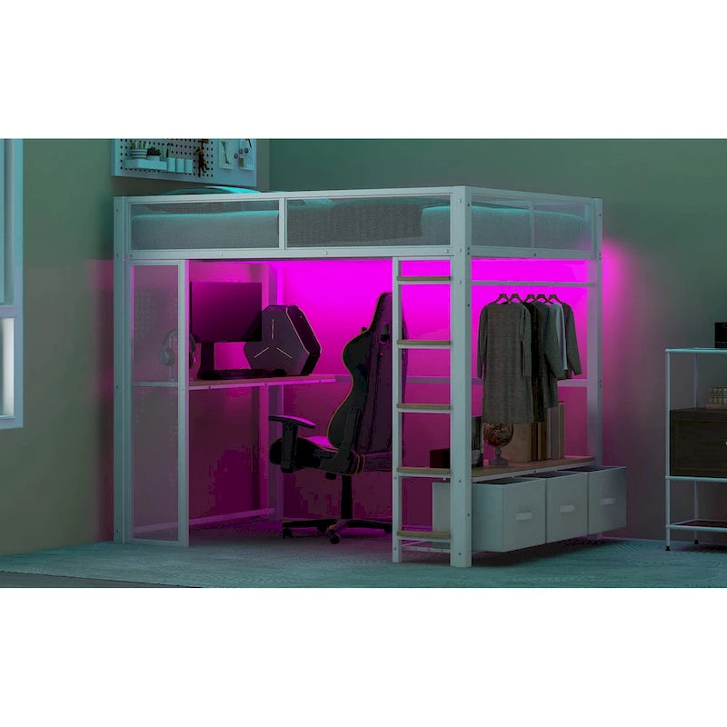 Cama alta metálica de tamaño Full con escritorio, luces LED de 16 colores y 3 cajones de almacenamiento, blanca negra