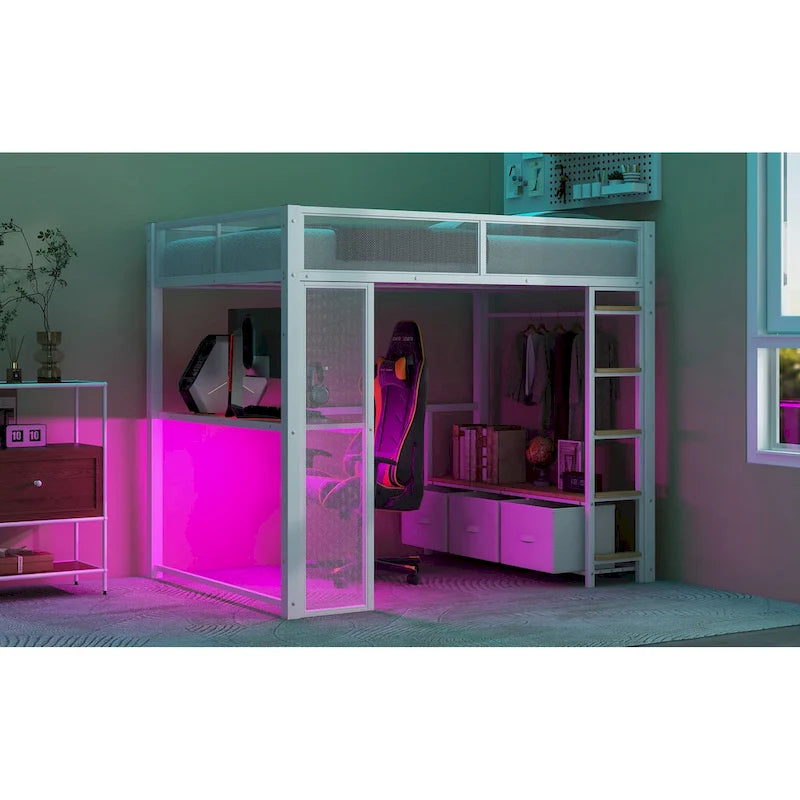 Cama alta metálica de tamaño Full con escritorio, luces LED de 16 colores y 3 cajones de almacenamiento, blanca negra