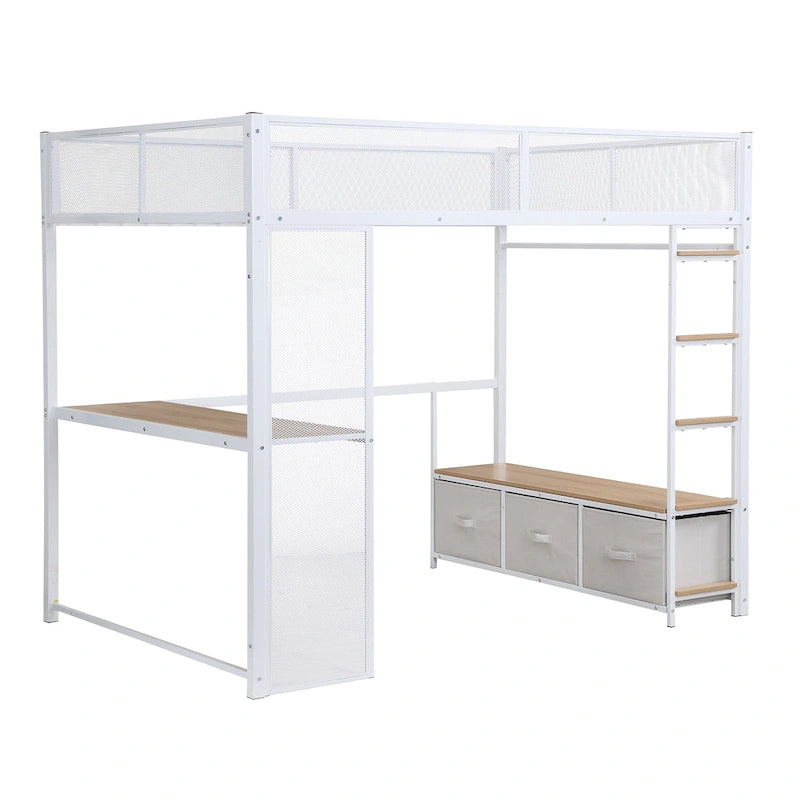 Cama alta metálica de tamaño Full con escritorio, luces LED de 16 colores y 3 cajones de almacenamiento, blanca negra
