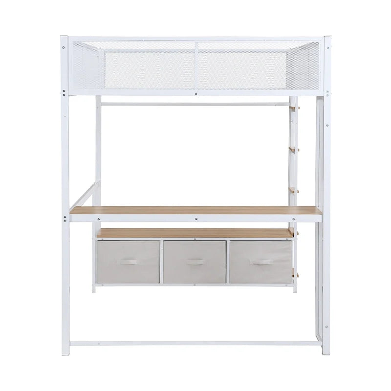 Cama alta metálica de tamaño Full con escritorio, luces LED de 16 colores y 3 cajones de almacenamiento, blanca negra