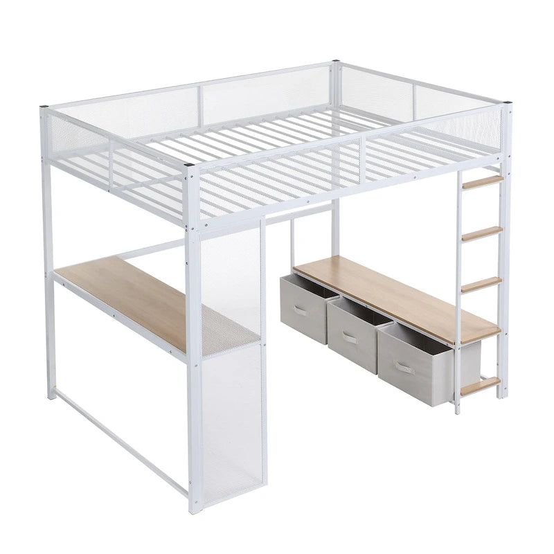Cama alta metálica de tamaño Full con escritorio, luces LED de 16 colores y 3 cajones de almacenamiento, blanca negra