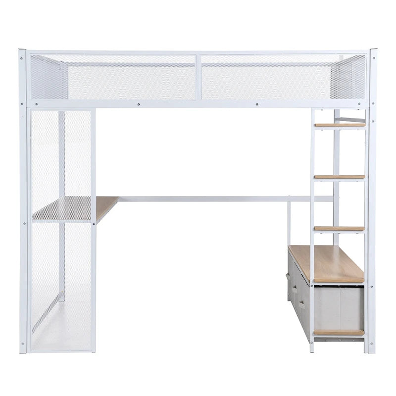 Cama alta metálica de tamaño Full con escritorio, luces LED de 16 colores y 3 cajones de almacenamiento, blanca negra