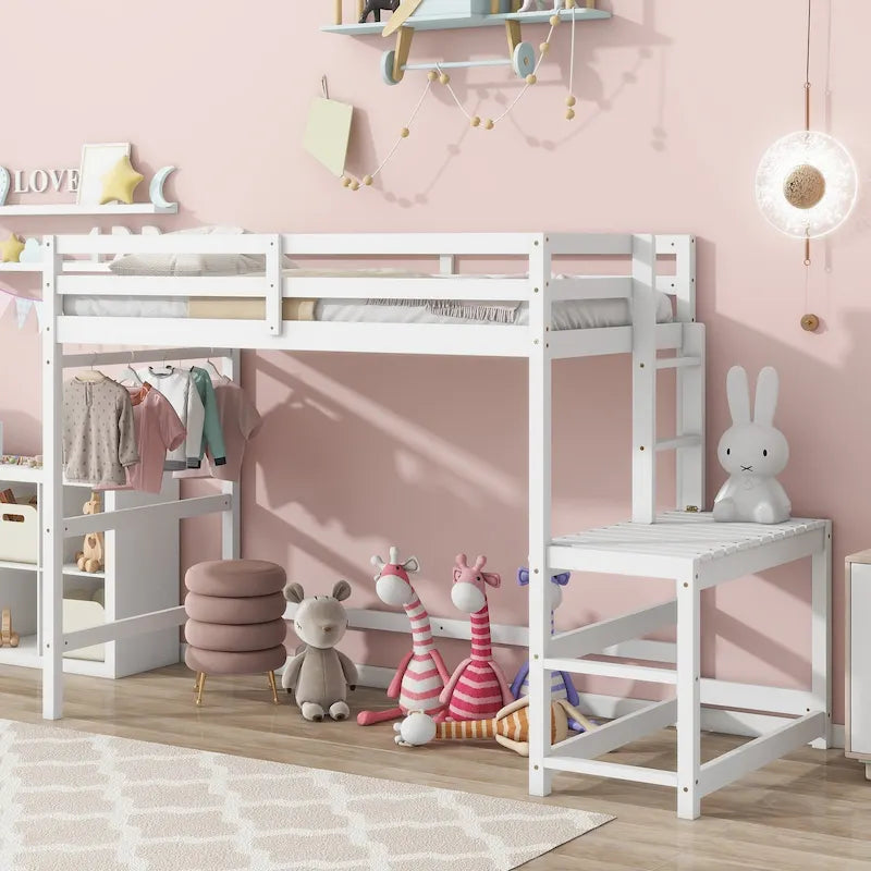 Twin Pine High Loft Bed with Landing Platform, Side Ladder and Open Under-Bed Space, White Gray