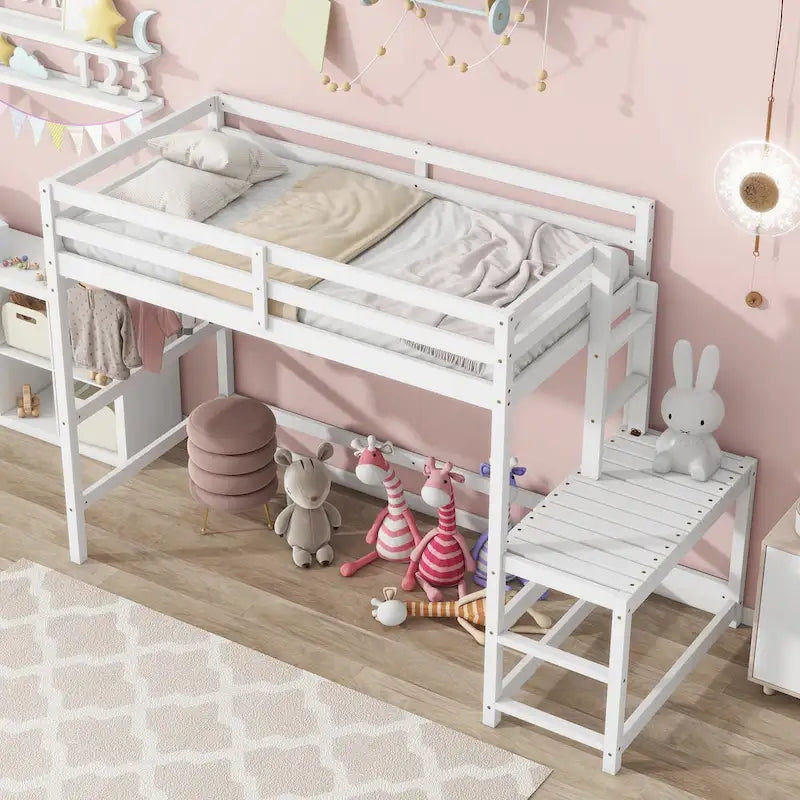 Twin Pine High Loft Bed with Landing Platform, Side Ladder and Open Under-Bed Space, White Gray