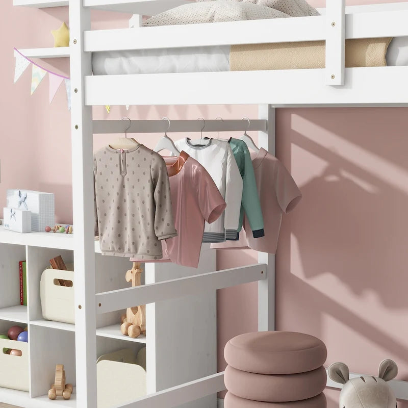 Twin Pine High Loft Bed with Landing Platform, Side Ladder and Open Under-Bed Space, White Gray