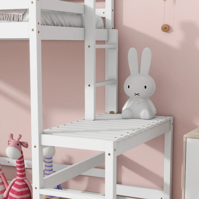 Twin Pine High Loft Bed with Landing Platform, Side Ladder and Open Under-Bed Space, White Gray