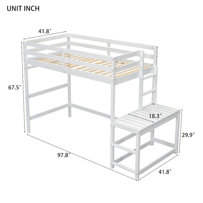 Twin Pine High Loft Bed with Landing Platform, Side Ladder and Open Under-Bed Space, White Gray