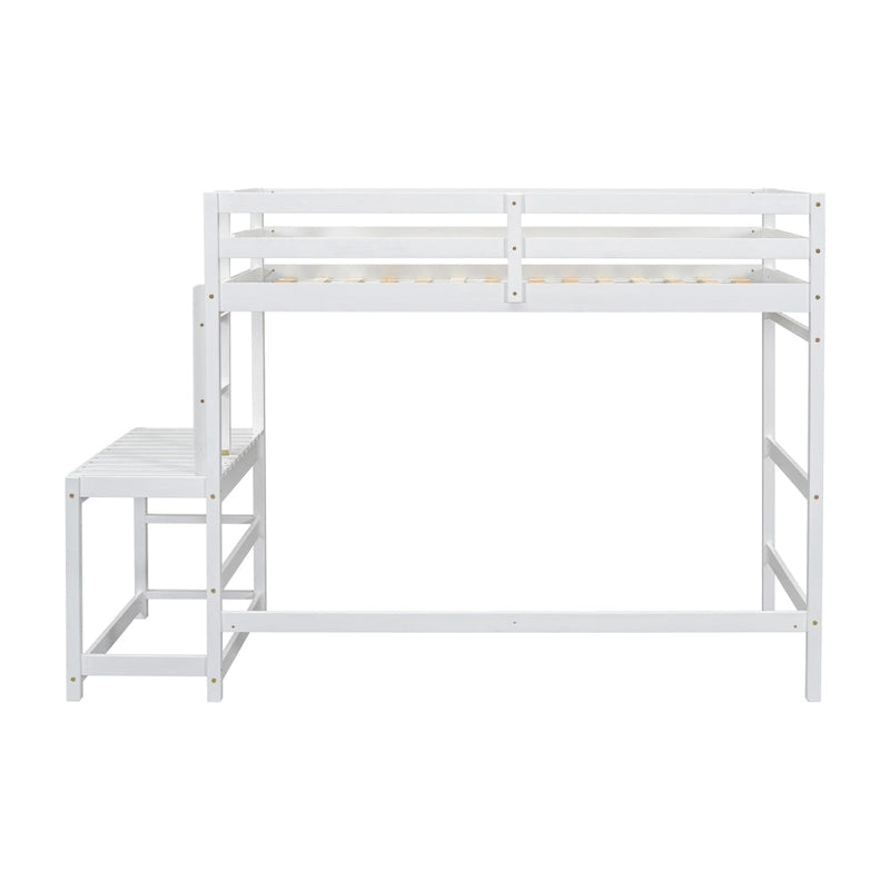 Twin Pine High Loft Bed with Landing Platform, Side Ladder and Open Under-Bed Space, White Gray