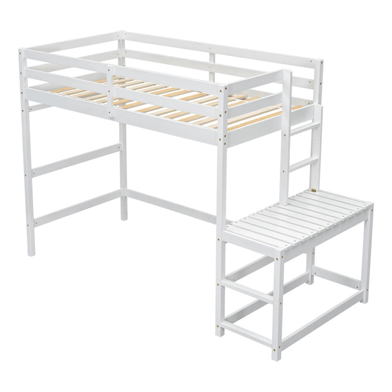 Twin Pine High Loft Bed with Landing Platform, Side Ladder and Open Under-Bed Space, White Gray