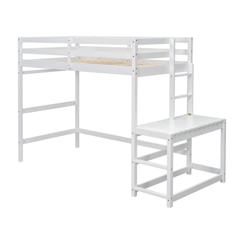 Twin Pine High Loft Bed with Landing Platform, Side Ladder and Open Under-Bed Space, White Gray