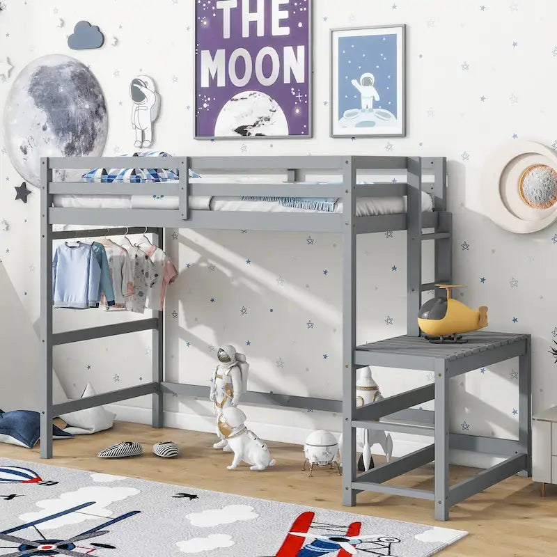 Twin Pine High Loft Bed with Landing Platform, Side Ladder and Open Under-Bed Space, White Gray