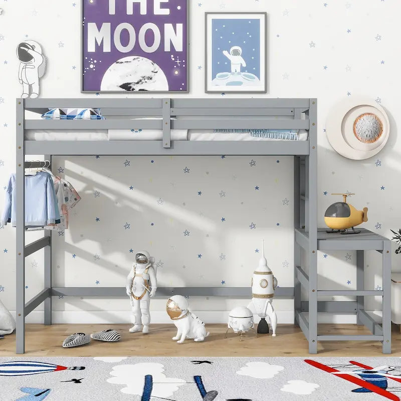 Twin Pine High Loft Bed with Landing Platform, Side Ladder and Open Under-Bed Space, White Gray