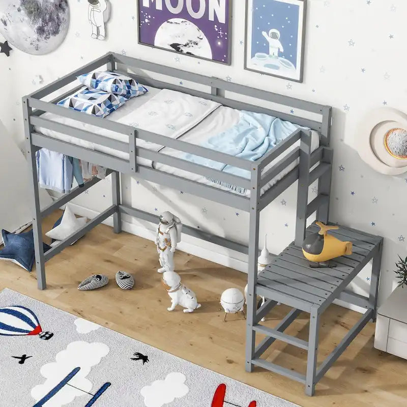 Twin Pine High Loft Bed with Landing Platform, Side Ladder and Open Under-Bed Space, White Gray