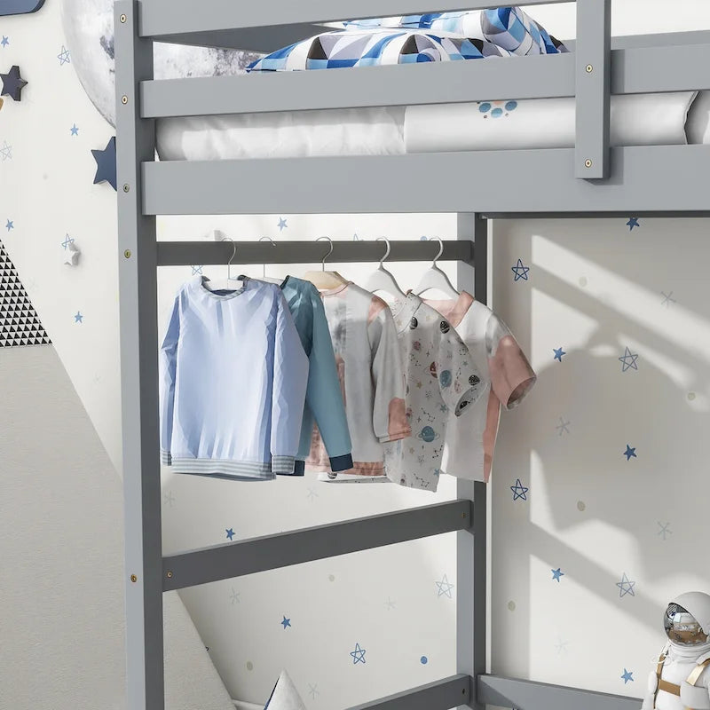 Twin Pine High Loft Bed with Landing Platform, Side Ladder and Open Under-Bed Space, White Gray