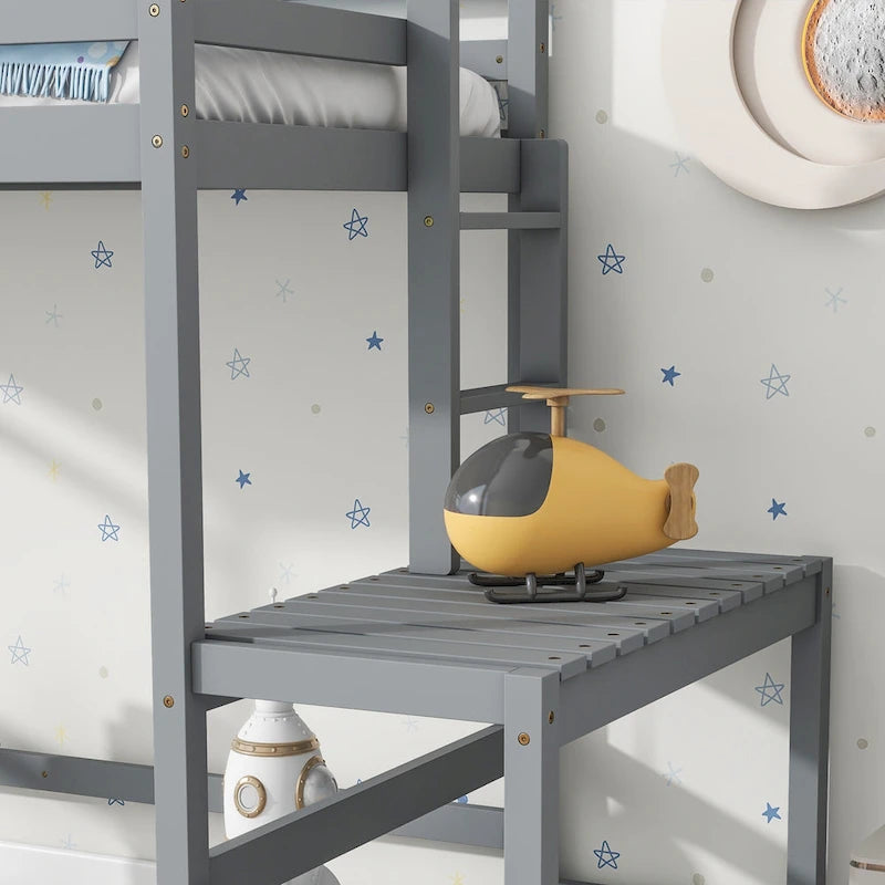Twin Pine High Loft Bed with Landing Platform, Side Ladder and Open Under-Bed Space, White Gray