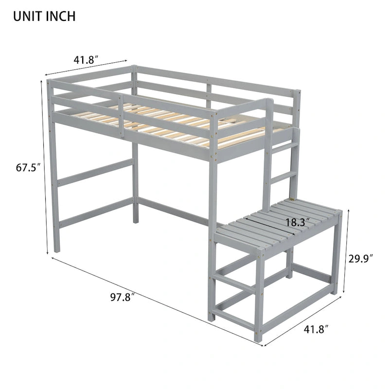Twin Pine High Loft Bed with Landing Platform, Side Ladder and Open Under-Bed Space, White Gray