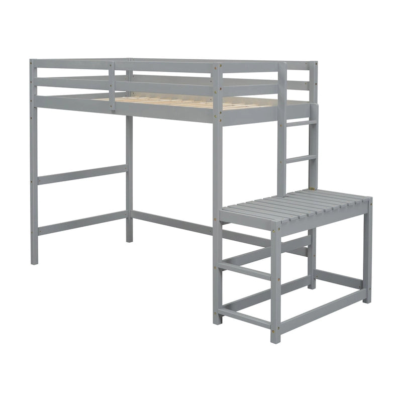 Twin Pine High Loft Bed with Landing Platform, Side Ladder and Open Under-Bed Space, White Gray