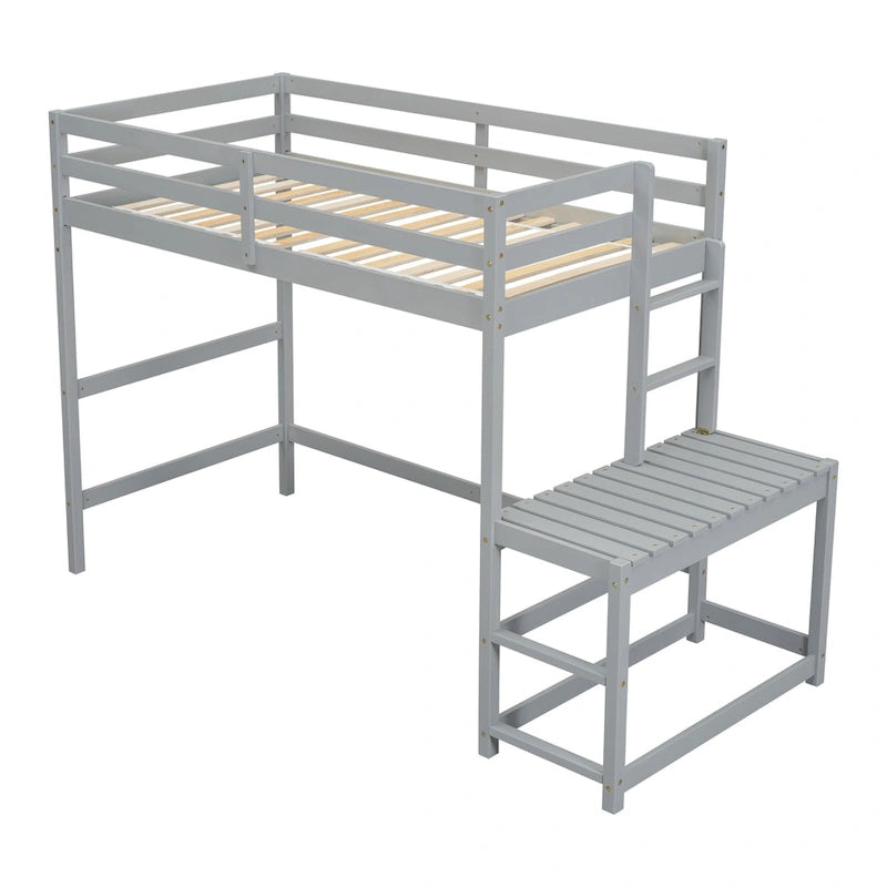 Twin Pine High Loft Bed with Landing Platform, Side Ladder and Open Under-Bed Space, White Gray